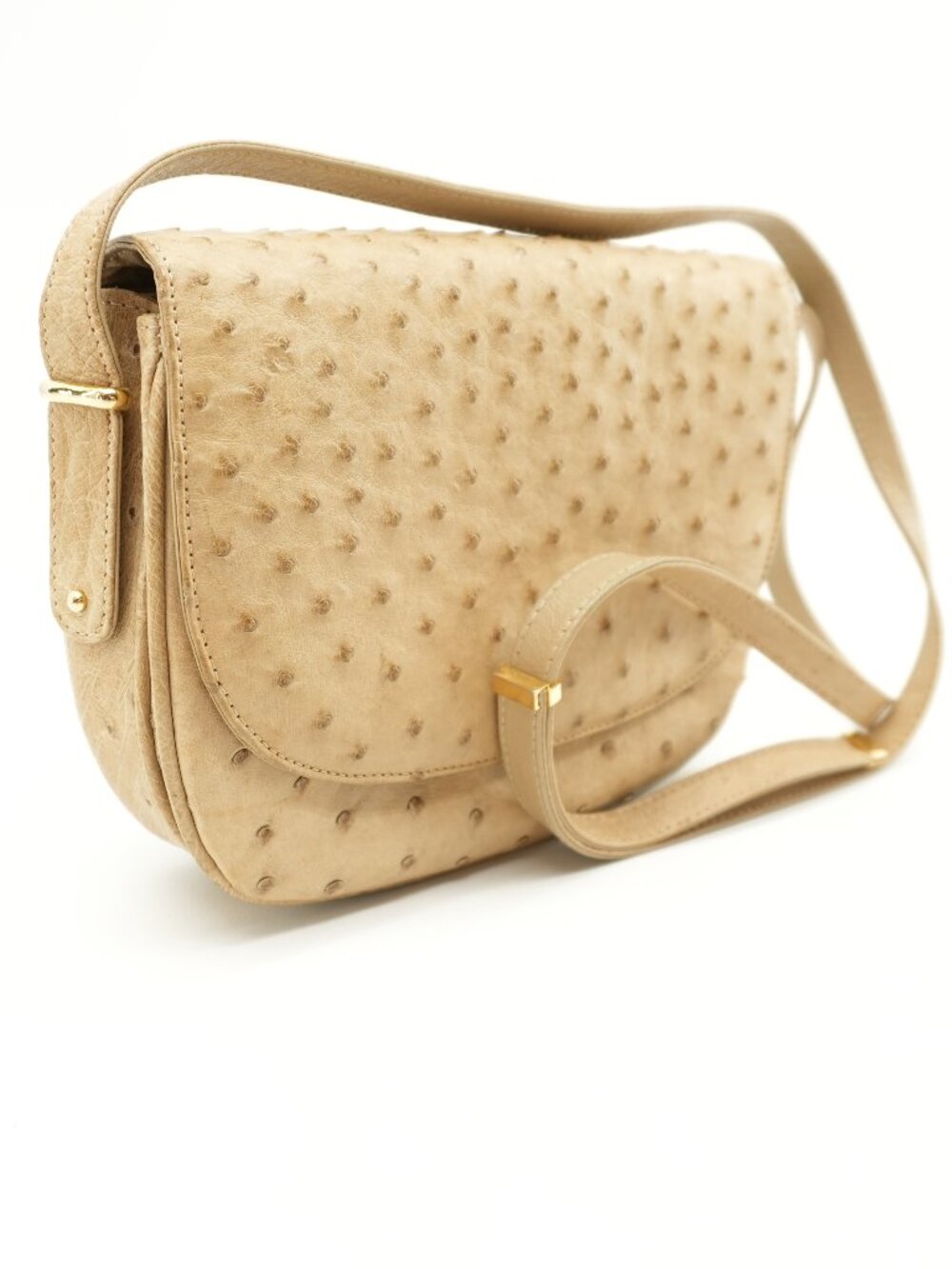Vintage OSTRICH Leather Cream 70s Saddle Bag Beige Convertible Crossbody Purse